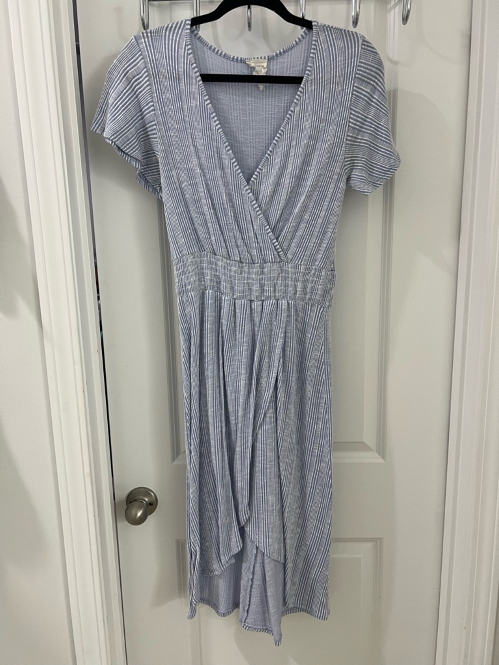 Caution to the Wind Striped V-Neck Midi Dress in Light Blue